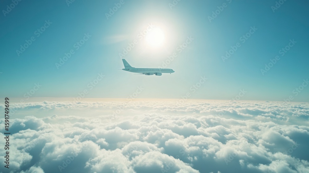 Fototapeta premium Airplane flying above fluffy clouds, sunlight.