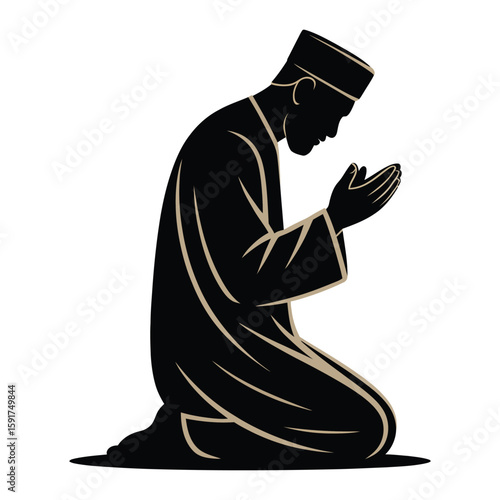 Black silhouette of a man in traditional Islamic clothing praying on knees muslim prayer