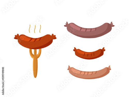 Vector of flat illustration isolated of delicious cooked and grilled foods, bratwurst german culinary