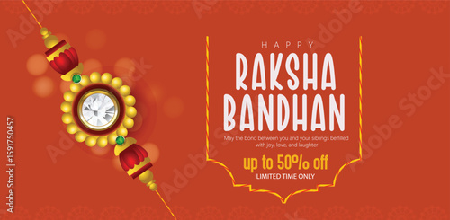 Raksha Bandhan sale poster showcasing stunning traditional Rakhi with an offer message on a  background, perfect for celebrating sibling bonds and promoting festive discounts.