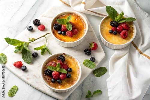 Three beautifully presented dessert bowls with berries and mint on a marble surface