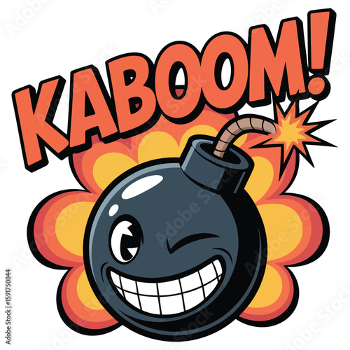 Cartoon bomb with a smiling face and the word Kaboom explosion comic