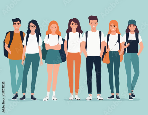 Company of modern happy teenagers friends. A group of school or college students. Portrait of young people, guys and girls