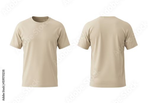 Two identical light beige oversized short-sleeved cotton t-shirts, one front view and one back view, laid flat on a transparent background with ample copy space under bright studio lighting,