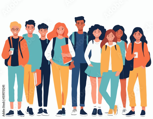 Company of modern happy teenagers friends. A group of school or college students. Portrait of young people, guys and girls