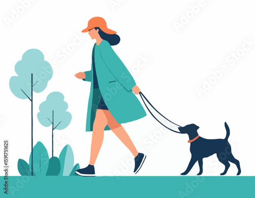 Woman is walking with a dog. Vector illustration in a flat style