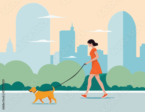 Woman is walking with a dog. Vector illustration in a flat style