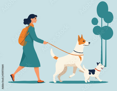 Woman is walking with a dog. Vector illustration in a flat style