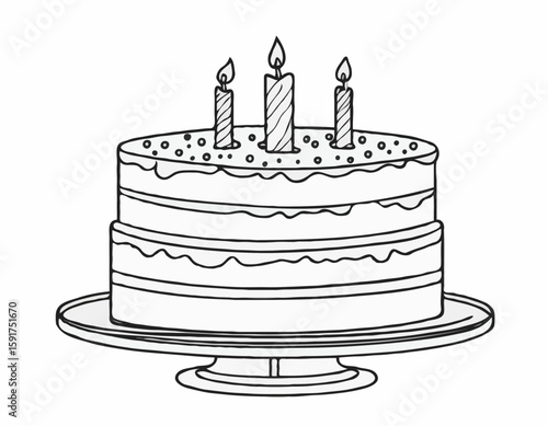 continuous single line drawing of birthday cake with candle on top, line art vector illustration