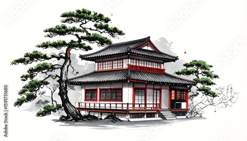 Oriental house with pine trees