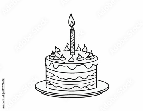 continuous single line drawing of birthday cake with candle on top, line art vector illustration