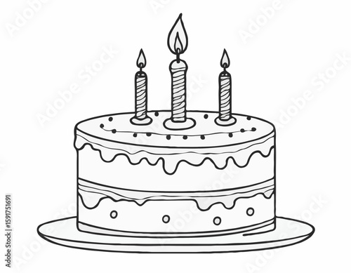 continuous single line drawing of birthday cake with candle on top, line art vector illustration