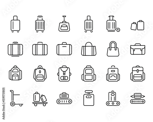 Luggage, Baggage, Backpacks Icon Set - Adjustable Line Weight Icons - Suitcase, Backpack, Briefcase, Purse, Travel Symbols - Stroke Outline Vector Design Graphics for Airport & Train Station