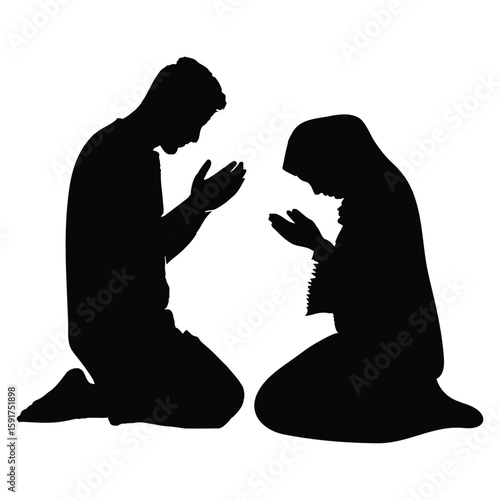 Silhouette of Muslim man and woman praying together on white background islam prayer