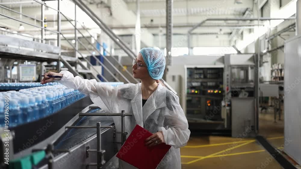 Female quality control inspector wearing protective clothing and mask writing notes on clipboard while inspecting production line in water bottling factory Female quality control inspector wearing protective clothing and mask writing notes on clipboard while inspecting production line in water bottling factory