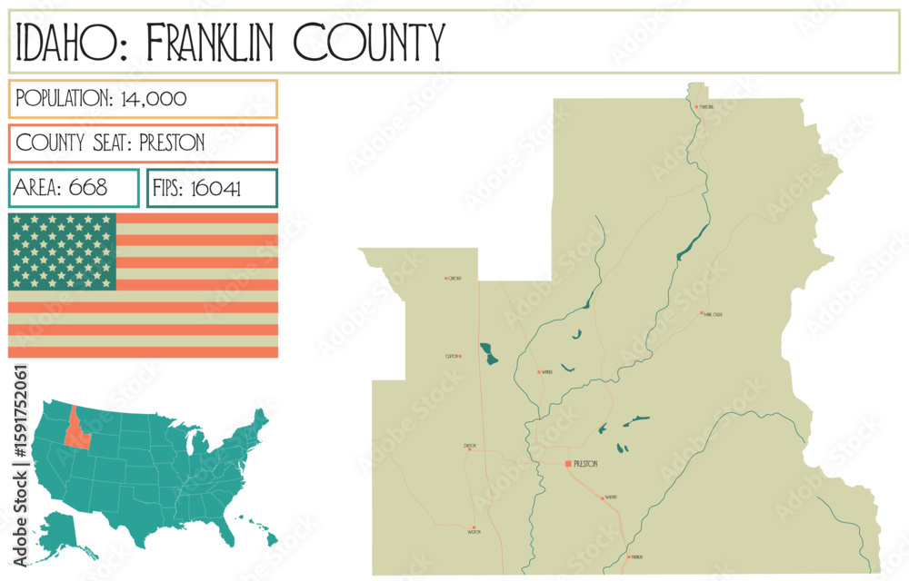 Fototapeta Large and detailed map of Franklin County in Idaho USA.