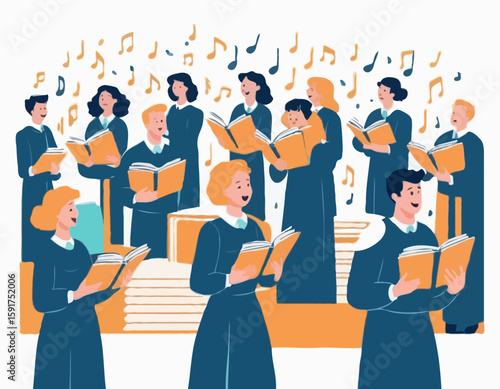 Singers Choir Event. Characters Singing in Chorus. Young Men and Women with Singing Books Perform Musical Composition