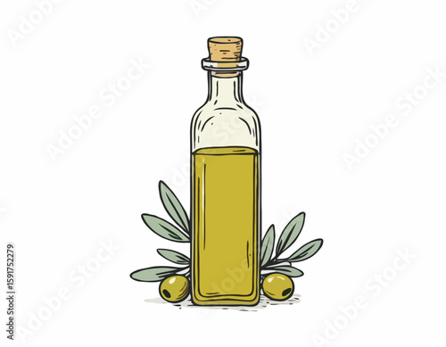 Hand-drawn olive oil bottle isolated on a white background. Extra virgin olive oil. Vintage style. Vector illustration in Doodle style