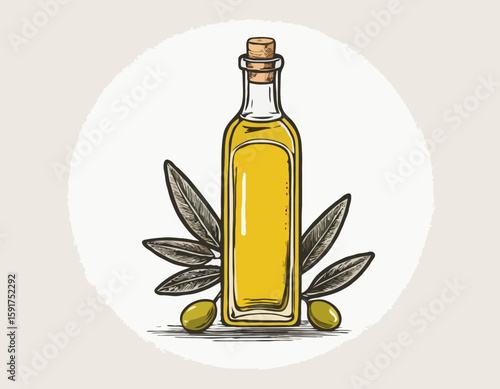 Hand-drawn olive oil bottle isolated on a white background. Extra virgin olive oil. Vintage style. Vector illustration in Doodle style