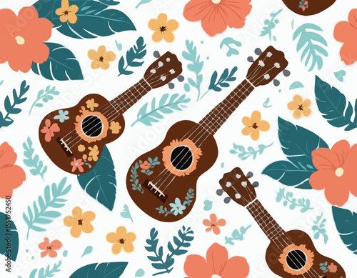 Colored ukulele. The tool is brown, decorated with flowers. Musical instrument. Relaxation, hawaii, melody. Flat vector illustration isolated on white background