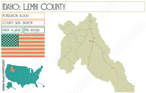 Large and detailed map of Lemhi County in Idaho USA.