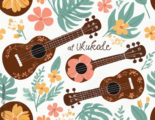 Colored ukulele. The tool is brown, decorated with flowers. Musical instrument. Relaxation, hawaii, melody. Flat vector illustration isolated on white background