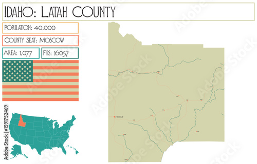 Large and detailed map of Latah County in Idaho USA.