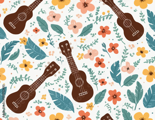 Colored ukulele. The tool is brown, decorated with flowers. Musical instrument. Relaxation, hawaii, melody. Flat vector illustration isolated on white background
