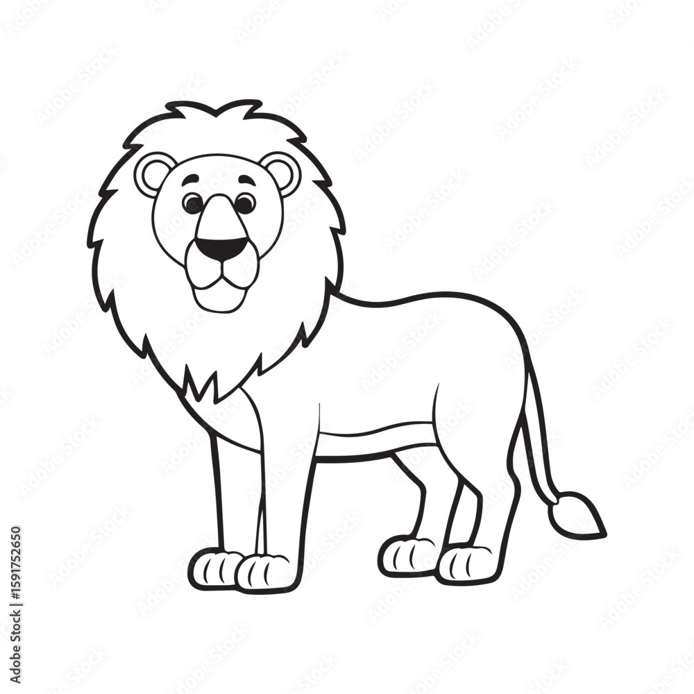 Obraz premium Cute lion coloring page for kids. Cartoon safari animal line art illustration. Black and white outline of a wild cat for children's activity book.