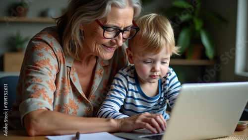 Grandmother and grandson (granddaughter) use a laptop to perform homework