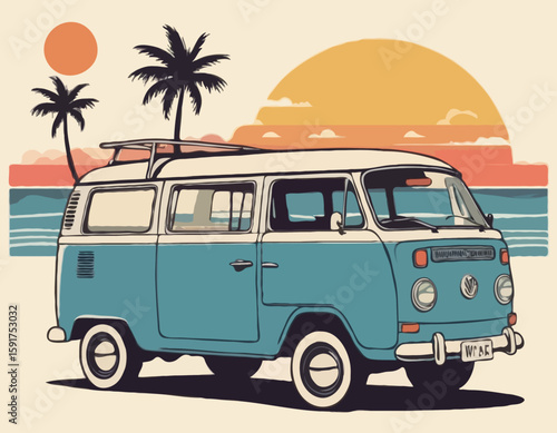 Vintage summer surf poster with a mini van vector illustration