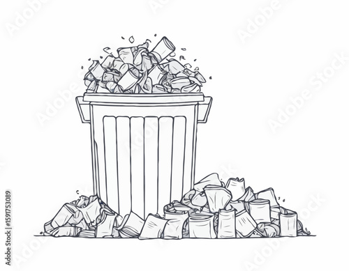 continuous single line drawing of trash can overflowing with trash bags, line art vector illustration