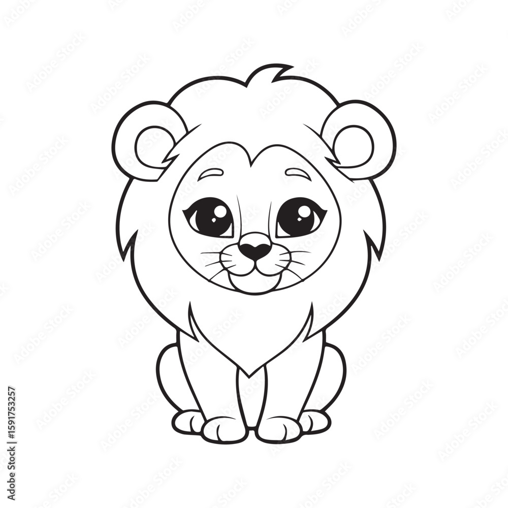 Fototapeta premium Cute lion cub coloring page for kids. Adorable cartoon safari animal sitting. Black and white line art illustration for children's activity book.