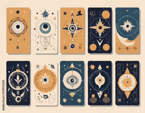 Magical tarot cards deck set. Spiritual moon and celestial eye symbols. Vector illustration. Astrology or sacred geometry poster design. Magic occult pattern, esoteric boho style.