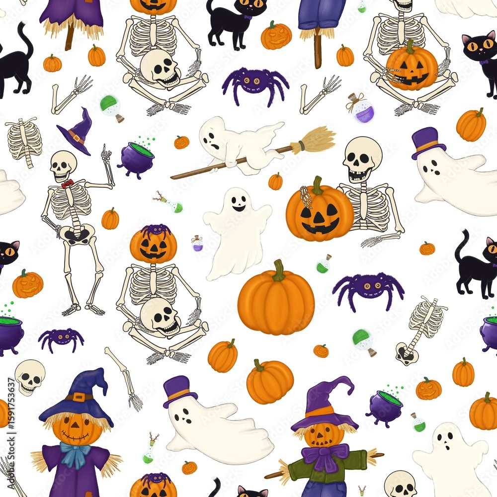Naklejka premium halloween seamless background with scarecrow, skeleton, pumpkin and ghost