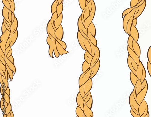 Hair braid. Long female fashion plait. Vector illustration of human hair in natural color. Cartoon art illustration with ribbon isolated on white background