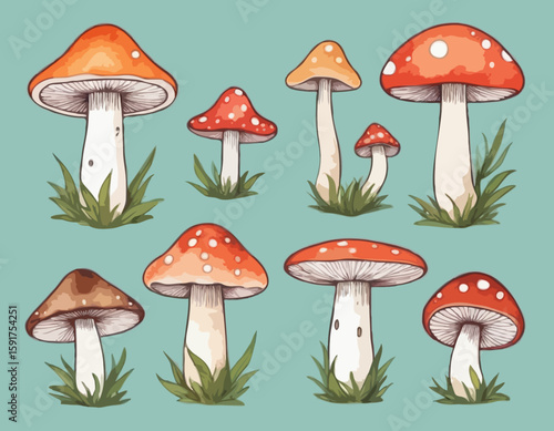 Mushrooms, watercolor clipart illustration with isolated background.