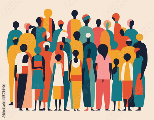An abstract painting showcases a group of diverse, colorful, and indistinct figures standing together, representing unity, diversity, and shared human experience in a vibrant artistic style.