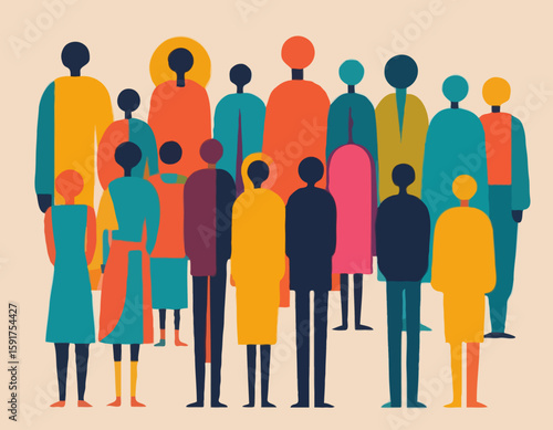 An abstract painting showcases a group of diverse, colorful, and indistinct figures standing together, representing unity, diversity, and shared human experience in a vibrant artistic style.