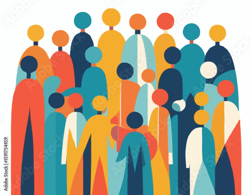 An abstract painting showcases a group of diverse, colorful, and indistinct figures standing together, representing unity, diversity, and shared human experience in a vibrant artistic style.