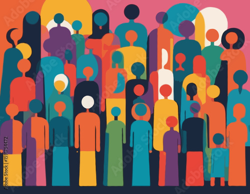 An abstract painting showcases a group of diverse, colorful, and indistinct figures standing together, representing unity, diversity, and shared human experience in a vibrant artistic style.