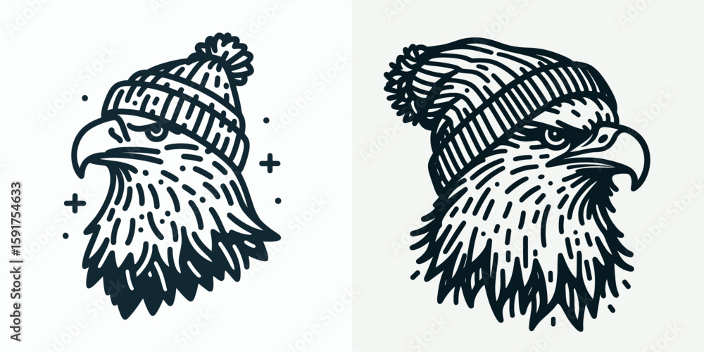 Fototapeta premium A Bald Eagle wear Beanie hat. Minimal Cartoon Animal Clipart Silhouette Vector Line Art Illustration. North american bird with cap knitted head covering apparel picture.