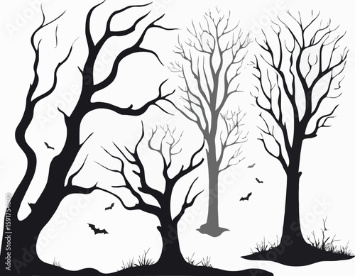 Dead trees vector set, scary autumn bark, dry bare branch silhouette, Halloween spooky forest. Cemetery winter oak wood kit, leafless trunk clipart on white bare roots. Environment icon - Royalty-free