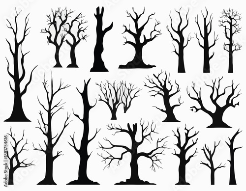 Dead trees vector set, scary autumn bark, dry bare branch silhouette, Halloween spooky forest. Cemetery winter oak wood kit, leafless trunk clipart on white bare roots. Environment icon - Royalty-free