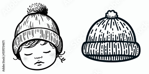 A baby wear Beanie hat. Minimal Cartoon Animal Clipart Silhouette Vector Line Art Illustration. Infant in knitted skull cap small child wearing warm head covering.
