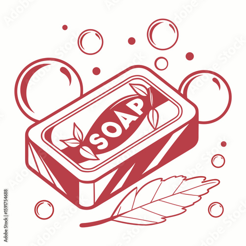 Vector illustration of a soap bar with leaves and bubbles, ideal for promoting natural skincare and eco-friendly hygiene products