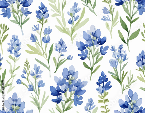 A delicate watercolor illustration showcasing vibrant blue bonnets in their full bloom, portraying nature's beauty and meticulous artistry over a white background