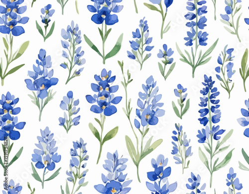 A delicate watercolor illustration showcasing vibrant blue bonnets in their full bloom, portraying nature's beauty and meticulous artistry over a white background