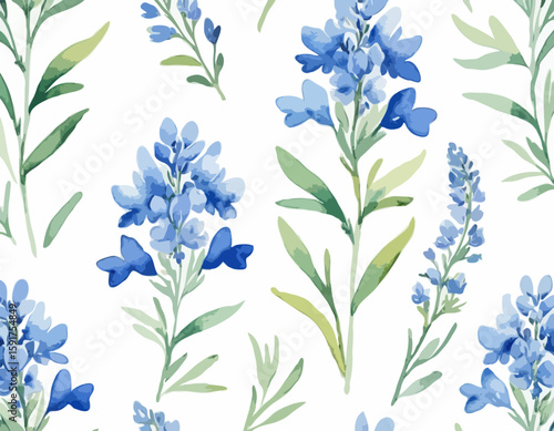 A delicate watercolor illustration showcasing vibrant blue bonnets in their full bloom, portraying nature's beauty and meticulous artistry over a white background
