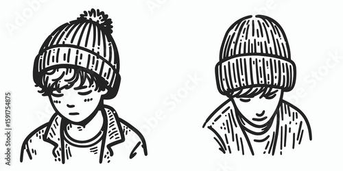 A boy wear Beanie hat. Minimal Cartoon Animal Clipart Silhouette Vector Line Art Illustration. Young child don knit head covering informal apparel urban garment.
